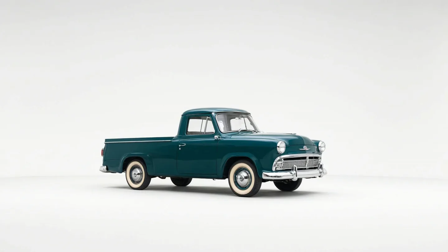 A teal 1950s pickup truck in a white photo studio